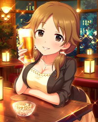Rule 34 | 10s, 1girl, alcohol, annindoufu (oicon), beer, breast rest, breasts, brown eyes, brown hair, cleavage, idolmaster, idolmaster cinderella girls, interior, jewelry, katagiri sanae, lamp, large breasts, looking at viewer, matching hair/eyes, necklace, night, official art, plant, smile, solo, twintails