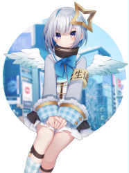 Rule 34 | 1girl, absurdres, amane kanata, armband, black skirt, blue bow, blue hair, blurry, blurry background, bob cut, bow, brown eyes, closed mouth, colored inner hair, depth of field, feathered wings, feet out of frame, frilled skirt, frills, grey jacket, hair between eyes, hair ornament, halo, high collar, highres, hololive, jacket, long sleeves, looking at viewer, mini wings, multicolored hair, plaid, plaid legwear, sailor collar, sapphire (sapphire25252), silver hair, single hair intake, sitting, skirt, sleeves past wrists, socks, solo, star halo, two-tone hair, virtual youtuber, white sailor collar, white wings, wings