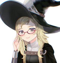 Rule 34 | 1girl, absurdres, adjusting eyewear, alternate costume, arm up, blonde hair, blue eyes, closed mouth, commission, commissioner upload, cosplay, fire emblem, fire emblem awakening, fire emblem fates, glasses, hand on eyewear, hat, highres, looking at viewer, miriel (fire emblem), miriel (fire emblem) (cosplay), nintendo, nolepsantuy, ophelia (fire emblem), solo, upper body, witch hat