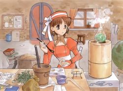 Rule 34 | 1girl, :o, alchemy, atelier (series), atelier elie, bag, basket, black pantyhose, book, bookmark, bow, bowl, box, bridal gauntlets, brown eyes, brown hair, chair, curtains, desk, door, dress, earrings, elfir traum, female focus, flask, flat chest, globe, gust, hat, indoors, jewelry, leaf, looking away, official art, orange hat, orange shirt, ouse kohime, pantyhose, paper, parted bangs, plant, pot, potted plant, ribbon, shirt, short hair, side slit, smoke, solo, spoon, standing, stool, surprised, trash can, turtleneck, upper body, window, yamagata isaemon