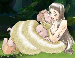 Rule 34 | 1boy, 1girl, blush, bra, breasts, brown hair, clothes pull, coiled, constrict, empty eyes, femdom, forced, french kiss, hetero, jewelry, kiss, lamia, lingerie, long hair, monster girl, necklace, nipples, outdoors, pinned, rape, short hair, shorts, shorts pull, squeezing, tongue, unconscious, underwear, wrapped