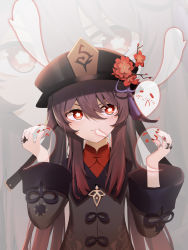 1girl :d absurdres brown_hair chinese_clothes chinese_commentary commentary_request eating flower genshin_impact ghost hair_between_eyes hat hat_flower hat_ornament highres holdinv hu_tao_(genshin_impact) jewelry long_hair long_sleeves looking_at_another looking_away open_mouth orange_eyes qixia ring sidelocks simple_background smile symbol-shaped_pupils twintails zoom_layer