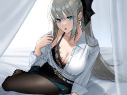 Rule 34 | 1girl, belt, black bow, black bra, black skirt, blouse, blue eyes, bow, bra, braid, breasts, brown pantyhose, cleavage, collarbone, collared shirt, dress shirt, fate/grand order, fate (series), faton, french braid, grey hair, hair bow, lace, lace-trimmed bra, lace trim, large breasts, long hair, long sleeves, looking at viewer, morgan le fay (chaldea satellite station) (fate), morgan le fay (fate), office lady, open clothes, open shirt, pantyhose, pencil skirt, ponytail, shirt, sidelocks, skirt, thighs, underwear, very long hair, white shirt