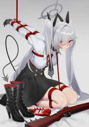 Rule 34 | 1girl, armband, arms up, bdsm, black gloves, black necktie, black skirt, blue archive, blush, bolt action, bondage, boots, bound, bound legs, bound wrists, breasts, collar, demon tail, gloves, grey hair, gun, hair over one eye, hair ribbon, halo, high heel boots, high heels, highres, iori (blue archive), long bangs, long hair, mauser 98, medium breasts, necktie, qianshibu, red eyes, red rope, restrained, ribbon, rifle, rope, shibari, shirt, shoes, skirt, solo, tail, twintails, uniform, unworn shoes, very long hair, weapon, white shirt