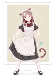 Rule 34 | 1girl, 2019, :3, alternate costume, animal ears, apron, arm behind back, artist name, asymmetrical bangs, black dress, blunt bangs, brown hair, cat ears, cat tail, dress, duster, enmaided, frills, full body, highres, kagari atsuko, kemonomimi mode, little witch academia, long hair, maid, maid apron, maid headdress, marii pily, neck bell, neck ribbon, pantyhose, pink eyes, puffy short sleeves, puffy sleeves, red ribbon, ribbon, shoes, short sleeves, standing, tail, white pantyhose