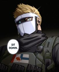 Rule 34 | 1boy, absurdres, artificial eye, blonde hair, broken mask, bulletproof vest, canadian flag, english text, flag request, frown, glint, glitch, highres, indie virtual youtuber, kimakkun, looking at viewer, male focus, mask, masked himbo (silvyspark), mechanical eye, military uniform, second-party source, serious, short hair, solid oval eyes, solo, uniform, upper body, virtual youtuber