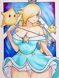 Rule 34 | 1girl, blonde hair, blue eyes, breasts, cleavage, dress, hair over one eye, highres, j the concept, large breasts, legs, long hair, luma (mario), mario (series), nintendo, panties, rosalina, source request, super mario galaxy, thighs, traditional media, underwear, wand, white panties