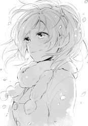 Rule 34 | 10s, 1girl, ayase eli, blush, coat, greyscale, karuha, long hair, love live!, love live! school idol project, messy hair, monochrome, ponytail, scarf, scrunchie, smile, snowing, solo, upper body, wind