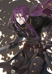 Rule 34 | 1boy, belt, commentary request, commission, copyright request, cowboy shot, highres, holding, holding sword, holding weapon, jewelry, jun (navigavi), long hair, looking at viewer, necklace, purple hair, serious, skeb commission, solo, sword, weapon