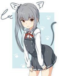 Rule 34 | 10s, 1girl, ame-rain, animal ears, annoyed, blouse, blue background, blush, brown eyes, buttons, cat ears, cat tail, clenched teeth, dress, fourth wall, highres, kantai collection, kasumi (kancolle), kasumi kai ni (kancolle), leaning forward, long hair, long sleeves, looking at viewer, neck ribbon, paw print, pinafore dress, red ribbon, ribbon, school uniform, shirt, side ponytail, silver hair, sleeveless dress, solo, tail, teeth, white shirt