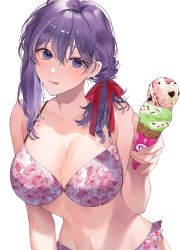 Rule 34 | 1girl, bad perspective, bare shoulders, bikini, breasts, cleavage, collarbone, commentary, fate/stay night, fate (series), floral print, food, hair ribbon, highres, holding, holding food, ice cream, large breasts, leaning forward, licking lips, long hair, looking at viewer, matou sakura, navel, purple eyes, purple hair, red ribbon, ribbon, shimatori (sanyyyy), shiny skin, simple background, solo, stomach, swimsuit, symbol-only commentary, tongue, tongue out, upper body, white background