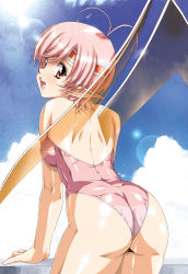 Rule 34 | 1girl, ass, growlanser, looking back, orange eyes, pink hair, pink one-piece swimsuit, pointy ears, short hair, sky, solo, swimsuit, tippi (growlanser), urushihara satoshi, wings