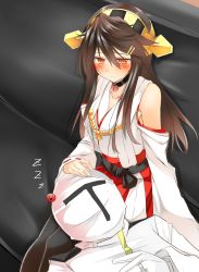 Rule 34 | 10s, 1boy, 1girl, admiral (kancolle), black thighhighs, blush, brown eyes, brown hair, choker, couch, detached sleeves, gloves, hair between eyes, hair ornament, hairband, hairclip, hand on another&#039;s head, haruna (kancolle), headpat, heart, highres, jewelry, kantai collection, lap pillow, long hair, lying, lying on person, military, military uniform, naval uniform, nontraditional miko, ring, sitting, sleeping, sleeping on person, thighhighs, tsukui kachou, uniform, wedding band, white gloves, zzz
