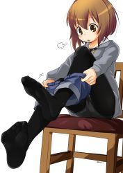 Rule 34 | 1girl, alternate costume, black pantyhose, blue shorts, brown eyes, brown hair, chair, commentary request, dressing, grey sweater, highres, hood, hooded sweater, hoodie, kantai collection, nassukun, one-hour drawing challenge, panties, panties under pantyhose, pantyhose, short hair, short shorts, shorts, simple background, sitting, solo, sweater, twitter username, underwear, white background, yukikaze (kancolle)