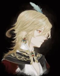 Rule 34 | 1boy, black background, blonde hair, blue feathers, closed mouth, earrings, facing to the side, feather hair ornament, feathers, genshin impact, hair ornament, highres, jacket, jewelry, kaveh (genshin impact), long sleeves, looking ahead, male focus, profile, red eyes, red jacket, shirone (coxo ii), shirt, solo, white shirt