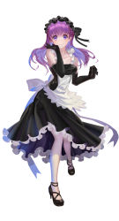 Rule 34 | 1girl, apron, back bow, black dress, black footwear, black gloves, black ribbon, bow, closed mouth, collarbone, dress, elbow gloves, fate/stay night, fate (series), floating hair, full body, gloves, hair ribbon, high heels, highres, long hair, looking at viewer, maid, matou sakura, pantyhose, pumps, purple eyes, purple hair, ribbon, simple background, sleeveless, sleeveless dress, smile, solo, standing, strapless, strapless dress, vanink, white apron, white background, white bow, white pantyhose