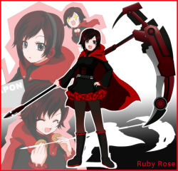 Rule 34 | 1girl, bad id, bad pixiv id, black eyes, boots, border, cape, character name, chibi, closed eyes, cookie, cross, eating, food, gradient background, headphones, jimauso, multiple persona, pantyhose, petticoat, red border, red hair, ruby rose, rwby, scythe, shadow, short hair, solo, sparkle, weapon