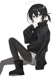 Rule 34 | 1girl, ahoge, black footwear, black hair, black pantyhose, black sweater, blue eyes, boots, grey shorts, hair between eyes, hand to own mouth, hand up, high collar, highres, knee up, long sleeves, original, pantyhose, pantyhose under shorts, ponytail, shorts, simple background, sitting, sleeves past wrists, solo, sweater, white background, xxxsoiu1