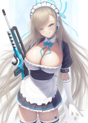 Rule 34 | 1girl, apron, asuna (blue archive), black choker, blue archive, blue eyes, blue halo, blush, breasts, choker, cowboy shot, detached collar, frilled apron, frills, gloves, grin, gun, hair over one eye, halo, highres, holding, holding gun, holding weapon, light brown hair, long hair, looking at viewer, maid, maid apron, maid headdress, masatoki, mole, mole on breast, puffy short sleeves, puffy sleeves, short sleeves, smile, solo, thighhighs, weapon, white apron, white gloves, white thighhighs