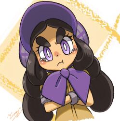 Rule 34 | 1girl, :t, absurdres, angry, artist name, black hair, blush, bonnet, bright pupils, brown jumpsuit, child, closed mouth, creatures (company), crossed arms, dutch angle, female focus, game freak, gloves, grey gloves, hair rings, hapu (pokemon), highres, jumpsuit, long hair, looking at viewer, nintendo, nose blush, orange background, pokemon, pokemon sm, pout, purple eyes, purple headwear, short sleeves, signature, solo, standing, straight-on, tamanosuke, tears, thick eyebrows, twintails, upper body, v-shaped eyebrows, white pupils, wide-eyed