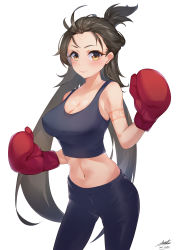 Rule 34 | 1girl, absurdres, boxing gloves, breasts, brown eyes, brown hair, chouchou (austin), cleavage, crop top, dated, fate/grand order, fate (series), highres, himiko (fate), large breasts, long hair, midriff, navel, pants, signature, smile, solo, white background