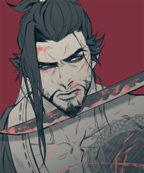 Rule 34 | 1boy, asymmetrical clothes, bad id, bad twitter id, bare shoulders, beard, blood, blood on clothes, blood on face, brown hair, collarbone, dragon print, dragon tattoo, facial hair, furrowed brow, goatee, grey eyes, hair tie, hanzo (overwatch), japanese clothes, katana, kimono, kkangcheol, looking to the side, male focus, manly, muscular, mustache, overwatch, overwatch 1, ponytail, red background, scar, serious, short hair, simple background, solo, sword, tattoo, upper body, weapon