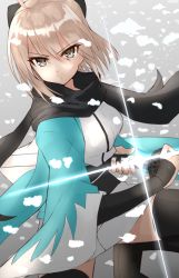 Rule 34 | 1girl, ahoge, arm guards, black ribbon, black scarf, black thighhighs, blonde hair, breasts, brown eyes, closed mouth, commentary request, fate/grand order, fate (series), glint, hair between eyes, hair ribbon, haori, highres, holding, holding sheath, holding sword, holding weapon, japanese clothes, katana, kimono, koha-ace, looking at viewer, medium breasts, okita souji (fate), okita souji (koha-ace), ribbon, scarf, sheath, shinsengumi, short hair, short kimono, shunichi, solo, sparkle, squatting, sword, thighhighs, thighs, tsurime, unsheathing, weapon, white kimono