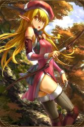 Rule 34 | 1girl, arrow (projectile), artist request, beret, blonde hair, boots, bow (weapon), cloud, detached sleeves, dress, elf, grand sphere, hat, highres, knee pads, leaf, long hair, open mouth, panties, pantyshot, pointy ears, short dress, solo, thigh boots, thighhighs, tree, underwear, weapon, yellow eyes, zettai ryouiki