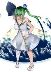 Rule 34 | 1girl, aoshima, asymmetrical legwear, bandaged leg, bandaged neck, bandaged wrist, bandages, bare shoulders, between breasts, breasts, cleavage, collarbone, commentary request, crazy eyes, daiyousei, dress, eyebrows hidden by hair, floral background, floral print, flower, green eyes, green hair, highres, large breasts, long hair, mary janes, open mouth, out of character, ponytail, shoes, shovel, side ponytail, smile, solo, spider lily, strap slip, touhou, uneven legwear, white background, wings, yandere