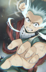 Rule 34 | 1boy, absurdres, blurry, blurry foreground, bodysuit, boku no hero academia, clenched hand, cowboy shot, depth of field, fengling (furin-jp), fighting stance, freckles, gradient background, green bodysuit, green hair, grin, hair up, highres, mask, midoriya izuku, mouth mask, red scarf, scarf, short hair, short sleeves, smile, solo, torn bodysuit, torn clothes