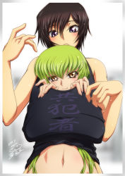 Rule 34 | 1boy, 1girl, bare shoulders, black hair, blush, c.c., code geass, green hair, kaname aomame, lelouch vi britannia, long hair, looking at viewer, purple eyes, shared clothes, shirt, signature, simple background, smile, yellow eyes