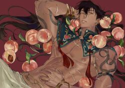 Rule 34 | 1boy, arm behind head, arm tattoo, atie1225, bangle, bishounen, black hair, bracelet, bright pupils, chinese commentary, dark-skinned male, dark skin, ear piercing, food, fruit, hand on own stomach, highres, jewelry, long hair, looking at viewer, lying, male focus, mandarin collar, nipples, o-ring, on back, original, parted lips, peach, piercing, red background, red eyes, scar, scar on arm, scar on chest, scar on hand, scar on stomach, shoulder tattoo, simple background, snake tattoo, solo, tassel, tattoo, topless male, upper body, yin yang, yin yang tattoo