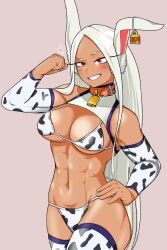 Rule 34 | 1girl, abs, absurdres, animal ears, animal print, arm up, bare shoulders, beige background, bell, bikini, blush, boku no hero academia, bra, breasts, cleavage, clenched hand, collar, cow print, cow print bikini, cowbell, dark-skinned female, dark skin, detached sleeves, ear tag, female focus, flexing, grey background, halterneck, hand on own hip, heart, highres, large breasts, linea alba, long eyelashes, long hair, looking at viewer, mirko, muscular, muscular arms, muscular female, navel, panties, parted bangs, print bikini, print bra, print panties, print sleeves, rabbit ears, rabbit girl, raised eyebrow, red collar, red eyes, ryuugu2000, simple background, smile, solo, standing, stomach, string bikini, swimsuit, teeth, thighhighs, thighs, toned, underboob, underwear, very long hair, white hair