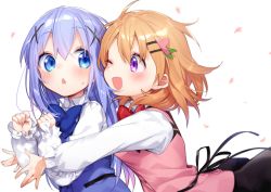 Rule 34 | 2girls, ;d, black ribbon, black skirt, blue bow, blue eyes, blue hair, blue vest, blush, bow, chestnut mouth, collared shirt, commentary request, eye contact, fingernails, gochuumon wa usagi desu ka?, hair between eyes, hair ornament, hairclip, hoto cocoa, hug, hug from behind, kafuu chino, light brown hair, long hair, looking at another, looking back, multiple girls, one eye closed, open mouth, outstretched arms, parted lips, pink vest, purple eyes, rabbit house uniform, red bow, ribbon, shirt, skirt, sleeves past wrists, smile, sweat, tousaki shiina, uniform, very long hair, vest, waitress, white shirt, x hair ornament
