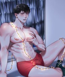 Rule 34 | 1boy, abs, bara, black hair, blush, boxer briefs, christmas lights, grabbing own breast, green socks, hand on own chest, highres, large pectorals, looking at viewer, male focus, male underwear, muscular, muscular male, navel, nipples, open mouth, original, pectorals, purple eyes, red male underwear, saen, short hair, socks, solo, thighs, underwear, underwear only