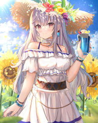 Rule 34 | 1girl, ame sagari, bangle, bracelet, breasts, brown eyes, brown hat, closed mouth, commentary request, cup, day, dress, drinking glass, earrings, flower, food, frilled dress, frills, grey hair, hair between eyes, hand up, hat, hat flower, holding, holding cup, ice cream, ice cream float, jewelry, light smile, long hair, looking at viewer, medium breasts, off-shoulder dress, off shoulder, original, outdoors, petals, pleated dress, red flower, short sleeves, solo, straw hat, sunflower, very long hair, white dress, yellow flower