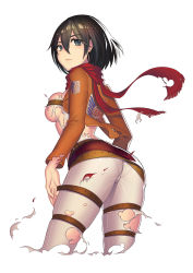 Rule 34 | 1girl, ass, black eyes, black hair, breasts, emblem, fiodo, jacket, large breasts, looking back, mikasa ackerman, pants, pantylines, scarf, shingeki no kyojin, short hair, simple background, skindentation, solo, standing, thigh strap, torn clothes, white background