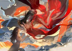 Rule 34 | 2girls, armlet, bare shoulders, bird, black hair, cai lin (doupo cangqiong), cloud, doupo cangqiong, dress, dual persona, falling, floating, from side, highres, loli bushi, long hair, looking up, mountain, multiple girls, pointy ears, red dress, red nails, second-party source, snake, white dress