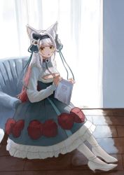 Rule 34 | 1girl, absurdres, animal ear fluff, animal ears, armchair, black bow, black hairband, blue ribbon, blue skirt, bow, breasts, brown eyes, chair, commentary, curtains, day, english commentary, flower, frilled skirt, frills, full body, gradient hair, hair bow, hair flower, hair intakes, hair ornament, hairband, high heels, highres, indoors, long hair, looking at viewer, medium breasts, multicolored hair, on chair, original, pantyhose, parted lips, ponta (matsuokazieg), red bow, red hair, ribbon, shoes, skirt, solo, sunlight, very long hair, white flower, white footwear, white hair, white pantyhose, wolf ears, wooden floor