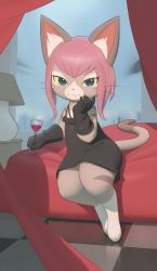 Rule 34 | 1girl, absurdres, alcohol, animal ears, black dress, black gloves, blue eyes, cat ears, cat girl, cat tail, colored sclera, cup, curtains, digitigrade, dress, drinking glass, female focus, furry, furry female, gloves, highres, inkune, lamp, looking at viewer, monster hunter (series), monster hunter stories 2, pink hair, reflective floor, short dress, sitting, smile, solo, tail, tsukino (monster hunter), tsurime, whiskers, wine, wine glass, yellow sclera