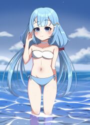 Rule 34 | 1girl, absurdres, amami ami, belly, bikini, blue eyes, blue hair, blurry, blurry background, blush, blush stickers, breasts, cloud, cloudy sky, commission, feet out of frame, hair ornament, highres, knees up, long hair, looking at viewer, navel, ocean, prism project, rainbow, sky, small breasts, smile, swimsuit, twintails, virtual youtuber, water