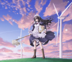 Rule 34 | 1girl, boots, brown eyes, brown hair, cloud, eichikei (hakuto), long hair, maid, maid headdress, mop, original, solo, wind turbine, windmill
