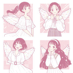 Rule 34 | 4girls, arms behind back, black hair, dress, feathered wings, hair ribbon, hairband, hands on own cheeks, hands on own face, long hair, long sleeves, looking at viewer, monochrome, multiple girls, original, pink background, pink theme, ponytail, ribbon, shirt, shirt tucked in, short hair, short sleeves, smile, upper body, white dress, white hairband, white ribbon, white shirt, white wings, wings, yoshimon