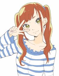 Rule 34 | 1girl, absurdres, bad id, bad twitter id, closed mouth, copyright request, donguri suzume, earrings, fingernails, green eyes, hair tie, hand up, head tilt, highres, jewelry, long sleeves, looking at viewer, nail polish, orange hair, pink nails, shirt, simple background, smile, solo, striped clothes, striped shirt, twintails, upper body, w, w over eye, white background