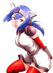 Rule 34 | 1girl, absurdres, armor, blue hair, breasts, crosscode, detached sleeves, fuhainu, hair between eyes, headgear, highres, jacket, large breasts, lea (crosscode), lips, looking at viewer, open mouth, ponytail, red eyes, red sleeves, red thighhighs, scar, scar on face, shoulder armor, simple background, solo, tagme, teeth, thighhighs, upper teeth only, white background