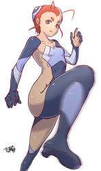 Rule 34 | 00s, 1girl, antenna hair, ass, bad id, bad pixiv id, blue gloves, bodysuit, breasts, capella titis, collarbone, fighting stance, gloves, hairpods, high heels, hip focus, legs, looking at viewer, motion blur, no panties, orange hair, red eyes, short eyebrows, sidelocks, signature, simple background, small breasts, solo, tetsuwan birdy, tetsuwan birdy decode, white background, yoshiwa tomo