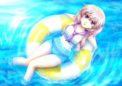 Rule 34 | 1girl, bikini, chi wa, day, from above, guildstars, innertube, long hair, looking at viewer, looking up, navel, necktie, open mouth, outdoors, purple eyes, purple necktie, purple sailor collar, sailor bikini, sailor collar, silver hair, solo, stomach, swim ring, swimsuit, water, white bikini