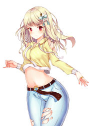 Rule 34 | 1girl, absurdres, belt, blonde hair, blue pants, breasts, closed mouth, clothing cutout, commentary request, cowboy shot, crop top, crop top overhang, drawstring, floating hair, gluteal fold, groin, hair ornament, hair ribbon, highres, hood, hood down, hoodie, jewelry, kotomaru (sirouko9511), long hair, long sleeves, looking at viewer, medium breasts, midriff, navel, original, pants, red eyes, ribbon, ring, shoulder cutout, simple background, smile, solo, standing, stomach, torn clothes, torn pants, v-shaped eyebrows, white background, yellow hoodie