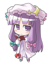 Rule 34 | 1girl, :&lt;, akaneya, bad id, bad pixiv id, book, bow, chibi, female focus, hat, long hair, lowres, patchouli knowledge, pink bow, purple eyes, purple hair, ribbon, solo, touhou