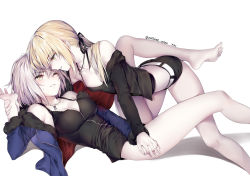 Rule 34 | 2girls, artoria pendragon (all), artoria pendragon (fate), barefoot, blonde hair, breasts, cleavage, eye contact, fate/grand order, fate (series), fur trim, hair ribbon, highres, holding another&#039;s wrist, jacket, jeanne d&#039;arc (fate), jeanne d&#039;arc (ruler) (fate), jeanne d&#039;arc alter (fate), jeanne d&#039;arc alter (ver. shinjuku 1999) (fate), long hair, looking at another, medium breasts, multiple girls, obiwan, off shoulder, official alternate costume, one eye closed, pale skin, revision, ribbon, saber (fate), saber alter, saber alter (ver. shinjuku 1999) (fate), short shorts, shorts, small breasts, twitter username, white background, yellow eyes, yuri